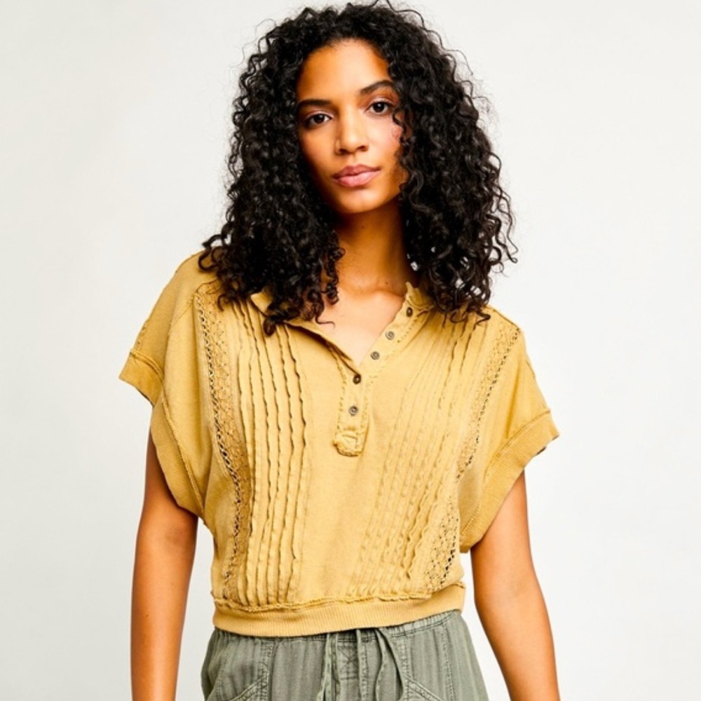We The Free Pleated Crochet Roxy Henley Top